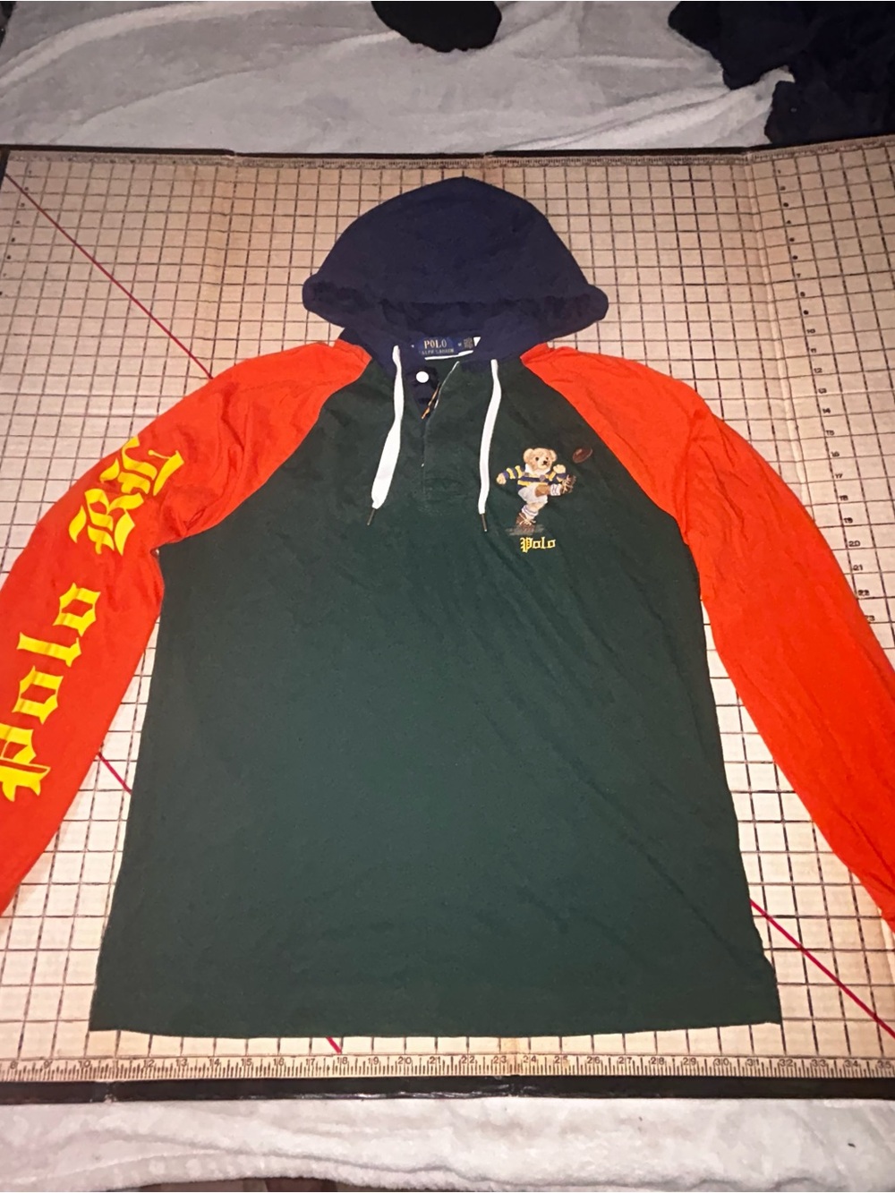 Ralph Lauren Navy Hooded Rugby Shirt with Green Body and Orange Accents